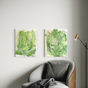 Botanical abstract peaceful wall art, unframed 18x24” canvas, two pieces.